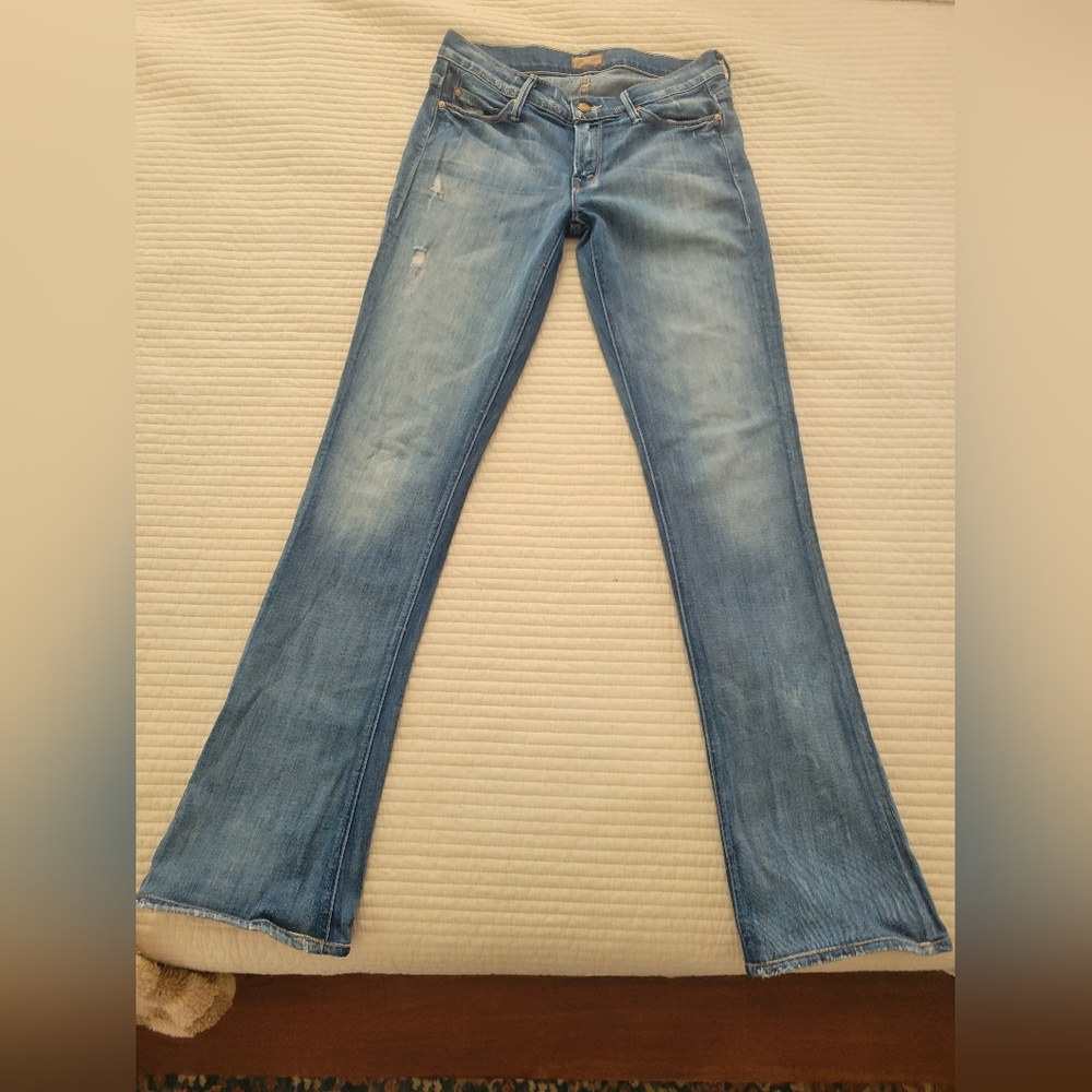 Mother the Runaway Skinny Flare Jeans in Cream Soda Distressed Size 26